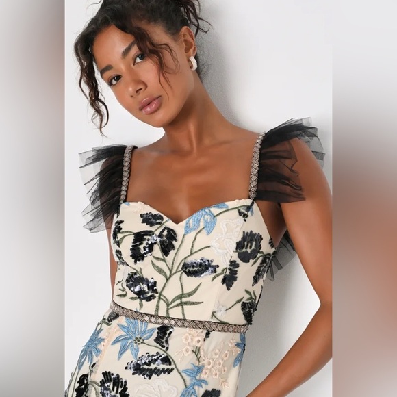 Lulus, small, Show Stopper‎ Cream Embroidered Sequin Bodycon Mini Dress - Picture 4 of 9